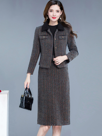 Chanel stil dvodijelni set s haljinom, poliester, haljina A-linije srednje duljine, okrugli izrez, dugi rukavi, visok struk, preko glave, elegantan uredski stil, proljeće 2026