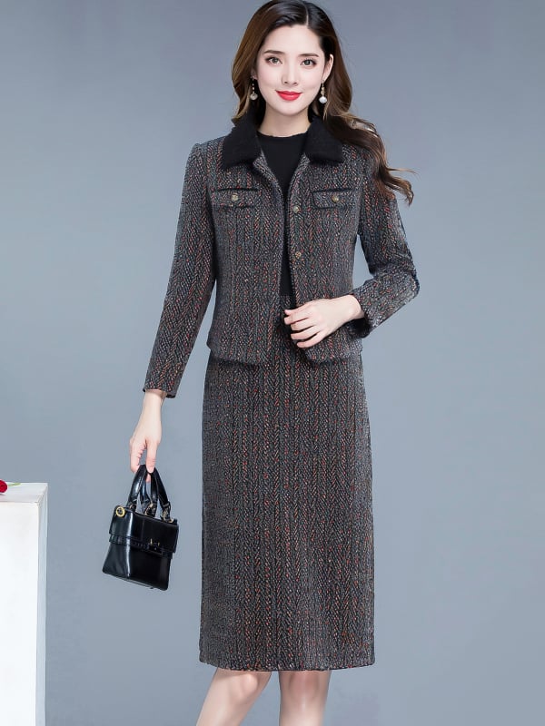 Chanel stil dvodijelni set s haljinom, poliester, haljina A-linije srednje duljine, okrugli izrez, dugi rukavi, visok struk, preko glave, elegantan uredski stil, proljeće 2026