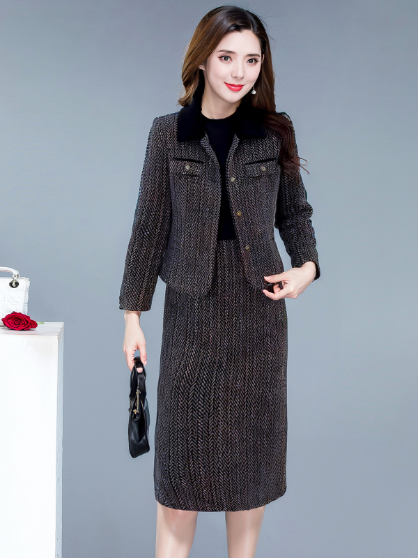 Chanel stil dvodijelni set s haljinom, poliester, haljina A-linije srednje duljine, okrugli izrez, dugi rukavi, visok struk, preko glave, elegantan uredski stil, proljeće 2026