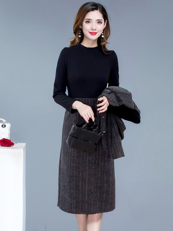 Chanel stil dvodijelni set s haljinom, poliester, haljina A-linije srednje duljine, okrugli izrez, dugi rukavi, visok struk, preko glave, elegantan uredski stil, proljeće 2026