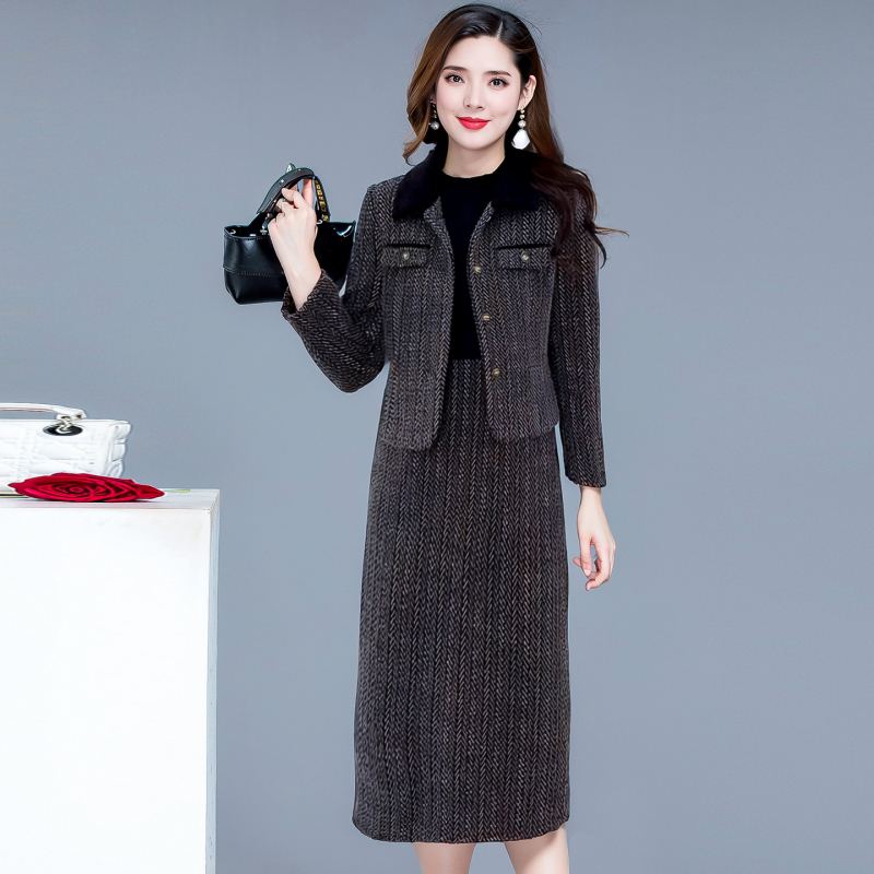 Chanel stil dvodijelni set s haljinom, poliester, haljina A-linije srednje duljine, okrugli izrez, dugi rukavi, visok struk, preko glave, elegantan uredski stil, proljeće 2026