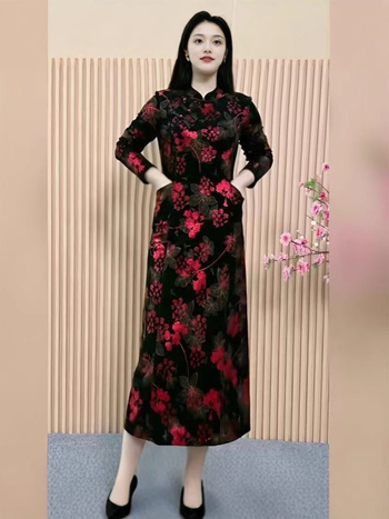 Rochie cheongsam cu stil chinezesc retro, siluetă subțire, primăvara 2025, croială midi, țesătură din bumbac roman cu amestec PVC