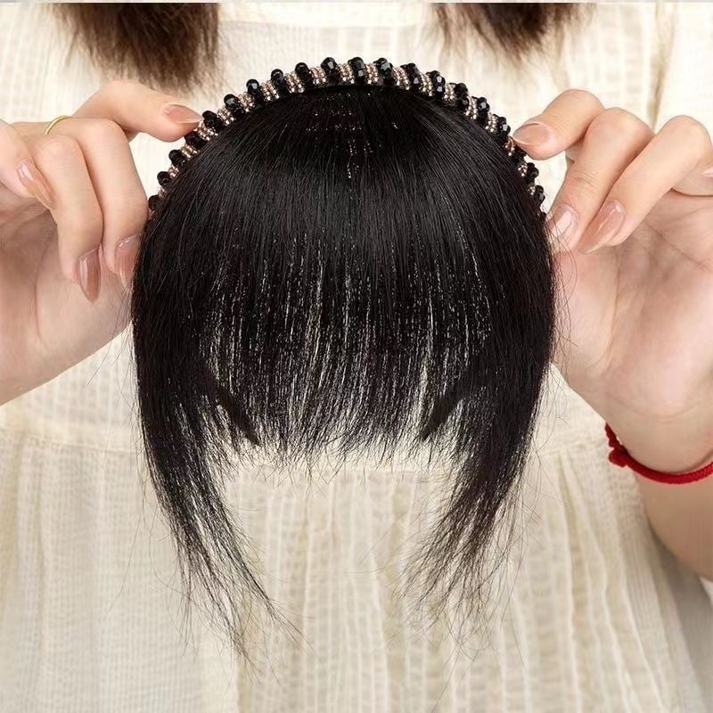 Peruka s ravnim šiškama i trakom s dijamantima, ljudska kosa, ravna šiška, ugrađene bočne dlake za pokrivanje sijede kose, za žene