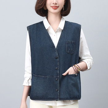 Дамски дънков елек, V-образно деколте, едно копче за закопчаване, памучен бленд с вискоза, свободна кройка, подходящ за пролет и есен