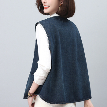 Дамски дънков елек, V-образно деколте, едно копче за закопчаване, памучен бленд с вискоза, свободна кройка, подходящ за пролет и есен