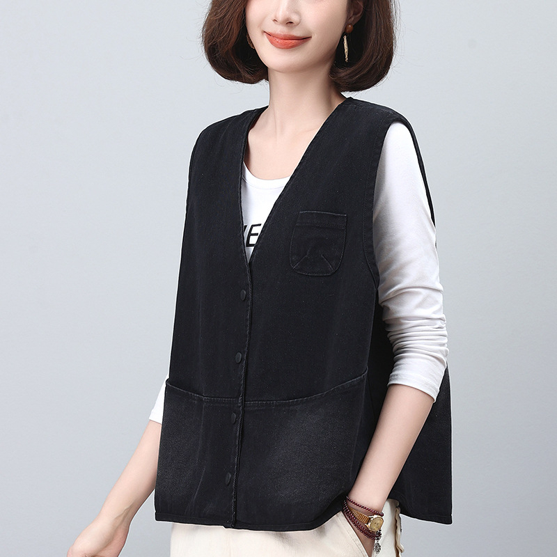 Дамски дънков елек, V-образно деколте, едно копче за закопчаване, памучен бленд с вискоза, свободна кройка, подходящ за пролет и есен