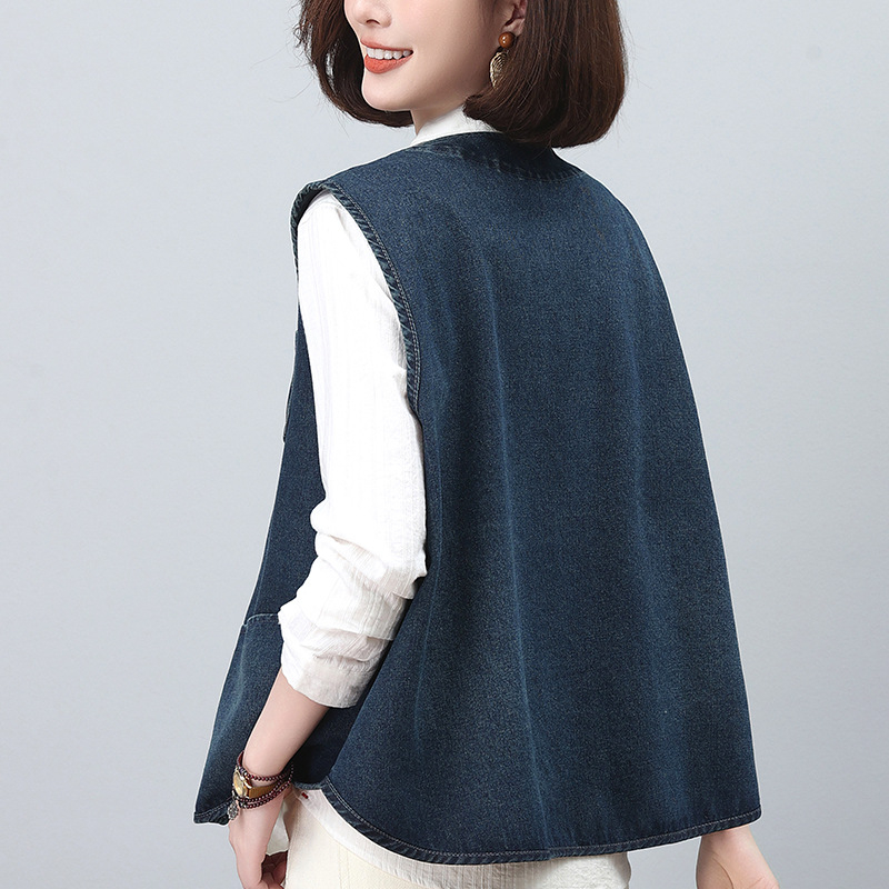 Дамски дънков елек, V-образно деколте, едно копче за закопчаване, памучен бленд с вискоза, свободна кройка, подходящ за пролет и есен