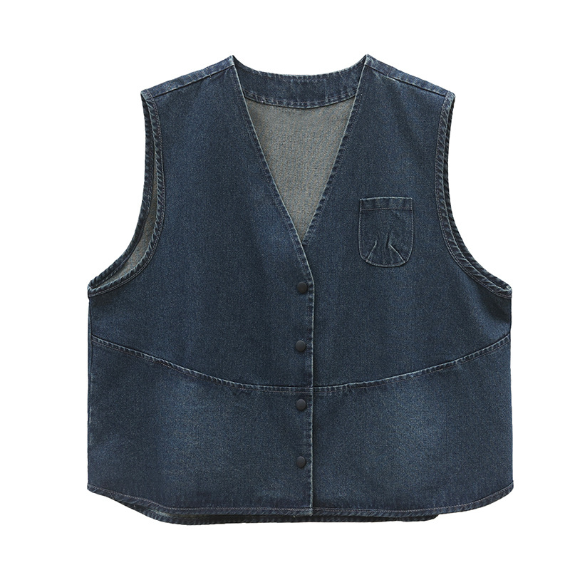 Дамски дънков елек, V-образно деколте, едно копче за закопчаване, памучен бленд с вискоза, свободна кройка, подходящ за пролет и есен