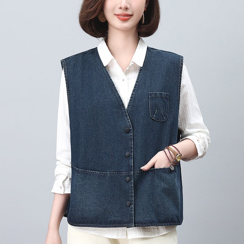 Дамски дънков елек, V-образно деколте, едно копче за закопчаване, памучен бленд с вискоза, свободна кройка, подходящ за пролет и есен