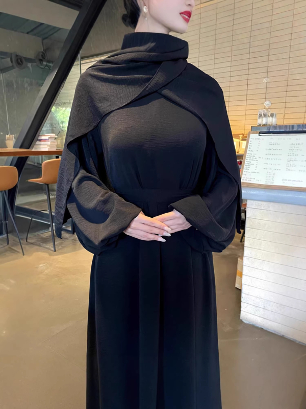 Rochie feminină în croială A-line, lungă, culoare solidă, guler rotund, mâneci lungi, poliester