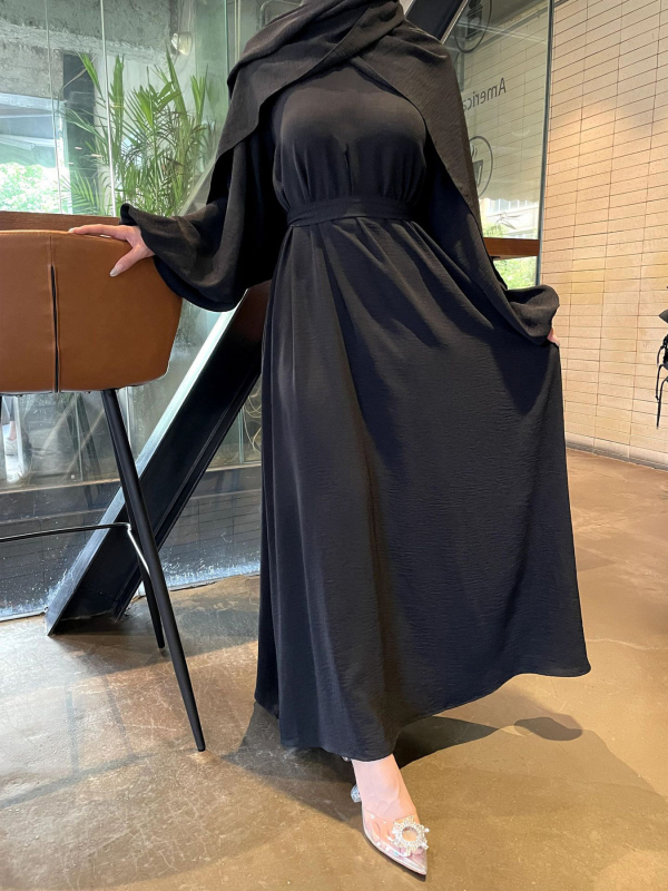 Rochie feminină în croială A-line, lungă, culoare solidă, guler rotund, mâneci lungi, poliester