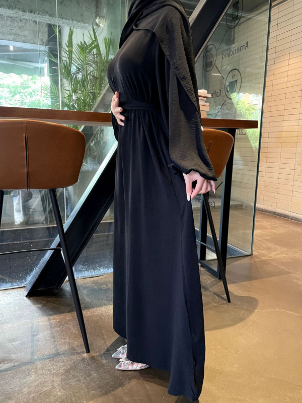 Rochie feminină în croială A-line, lungă, culoare solidă, guler rotund, mâneci lungi, poliester