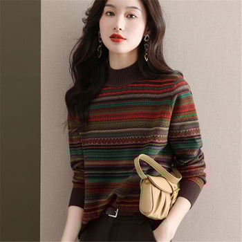 Пуловер с ивици, полуръкав, полу висока яка, къс модел, свободна кройка, средна дебелина, смес от вълна и полиестер, колажен шевен детайл, зимна версия 2024