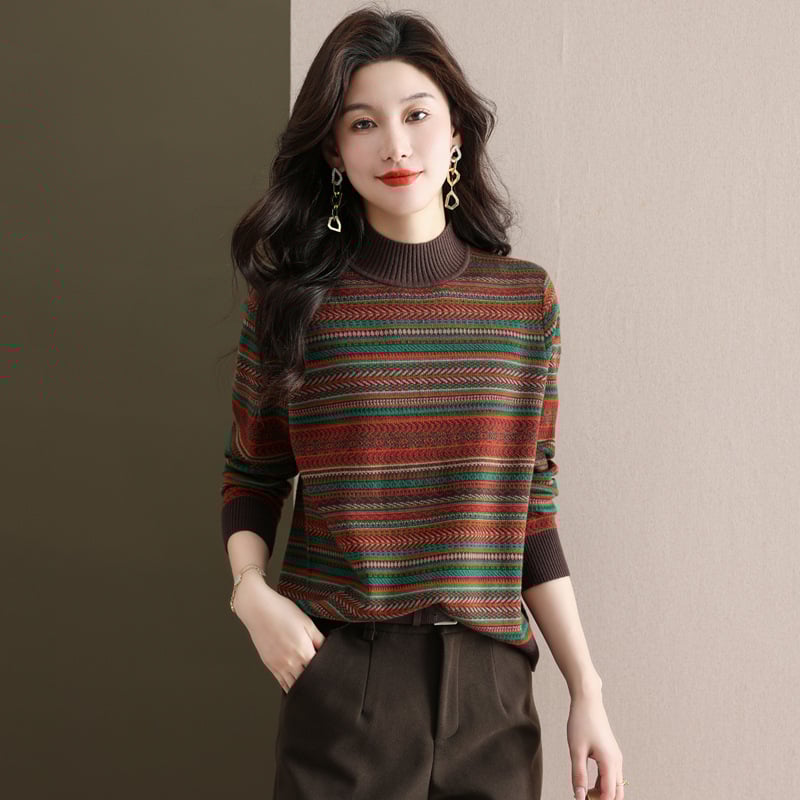 Пуловер с ивици, полуръкав, полу висока яка, къс модел, свободна кройка, средна дебелина, смес от вълна и полиестер, колажен шевен детайл, зимна версия 2024