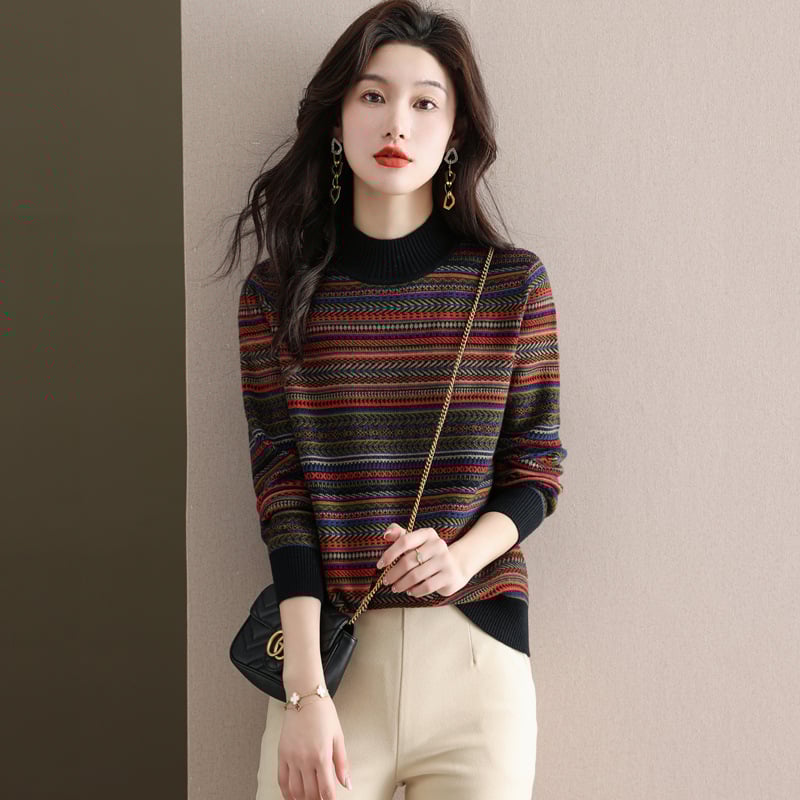 Пуловер с ивици, полуръкав, полу висока яка, къс модел, свободна кройка, средна дебелина, смес от вълна и полиестер, колажен шевен детайл, зимна версия 2024