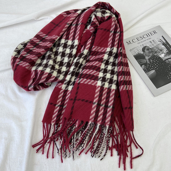 Ženski šal, korejskog stila, haunstooth karirani uzorak, Warp Knit, sintetički kašmir, resice (Zima)