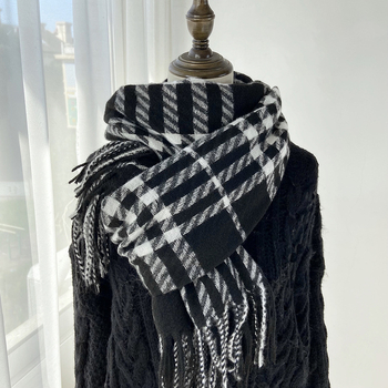 Ženski šal, korejskog stila, haunstooth karirani uzorak, Warp Knit, sintetički kašmir, resice (Zima)