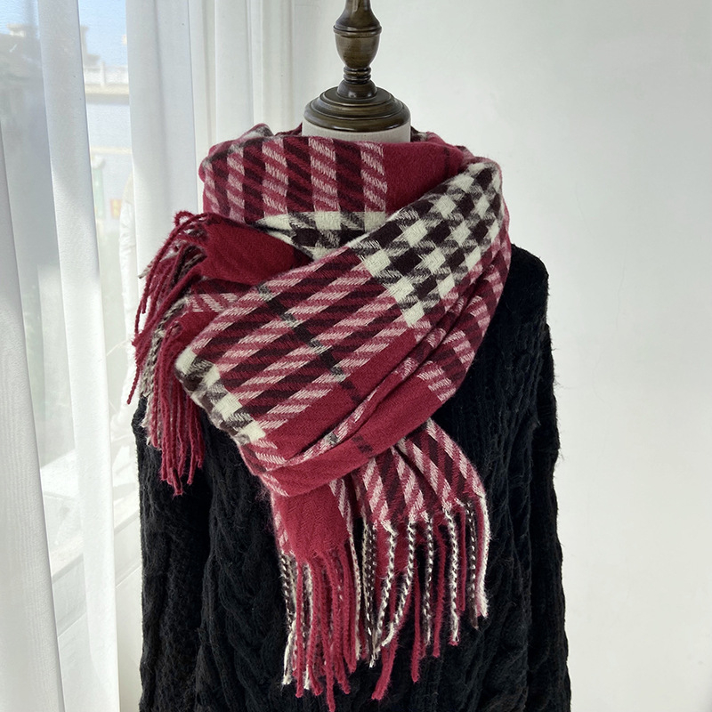Ženski šal, korejskog stila, haunstooth karirani uzorak, Warp Knit, sintetički kašmir, resice (Zima)
