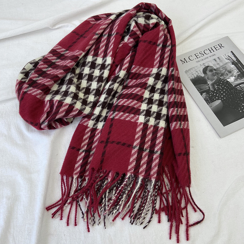 Ženski šal, korejskog stila, haunstooth karirani uzorak, Warp Knit, sintetički kašmir, resice (Zima)