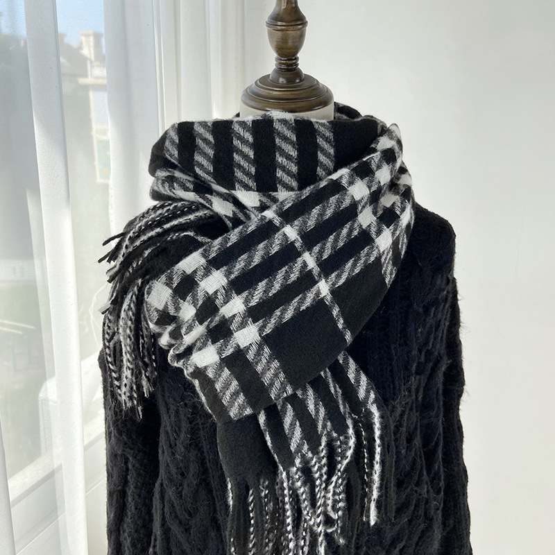 Ženski šal, korejskog stila, haunstooth karirani uzorak, Warp Knit, sintetički kašmir, resice (Zima)
