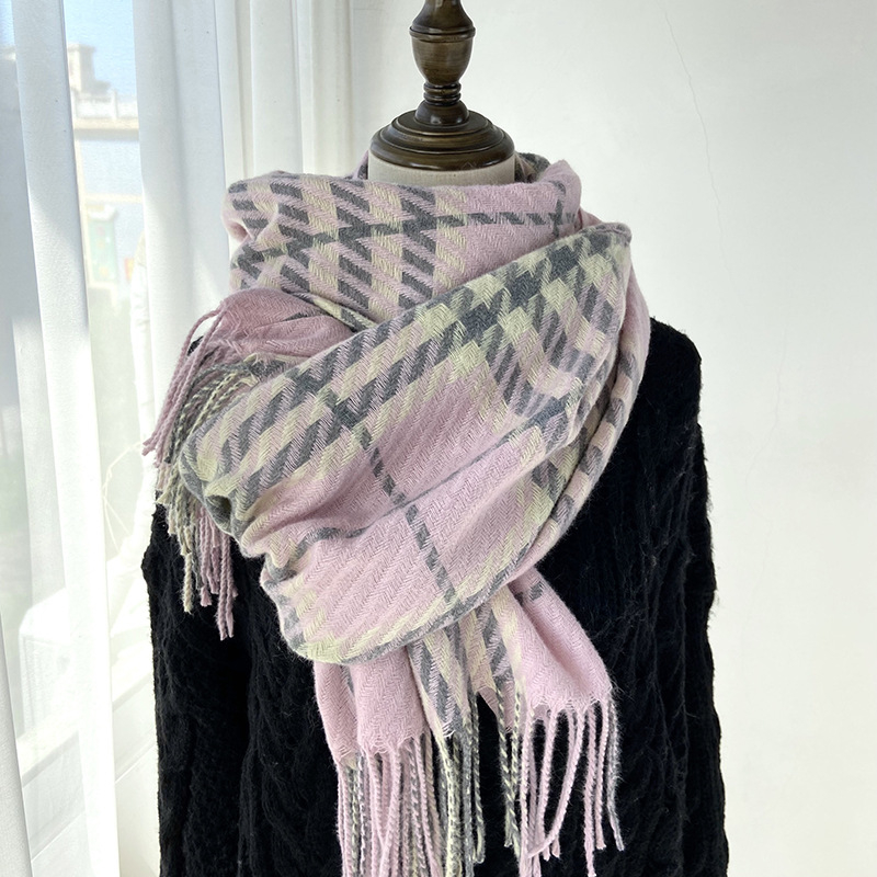 Ženski šal, korejskog stila, haunstooth karirani uzorak, Warp Knit, sintetički kašmir, resice (Zima)