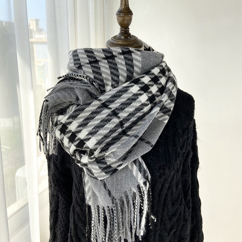 Ženski šal, korejskog stila, haunstooth karirani uzorak, Warp Knit, sintetički kašmir, resice (Zima)