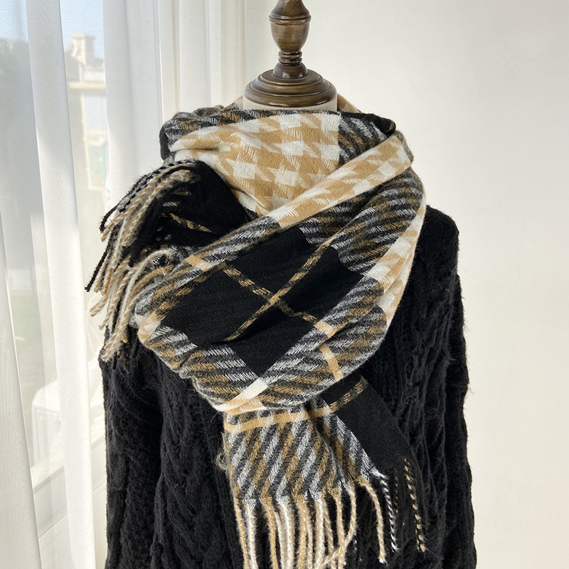 Ženski šal, korejskog stila, haunstooth karirani uzorak, Warp Knit, sintetički kašmir, resice (Zima)