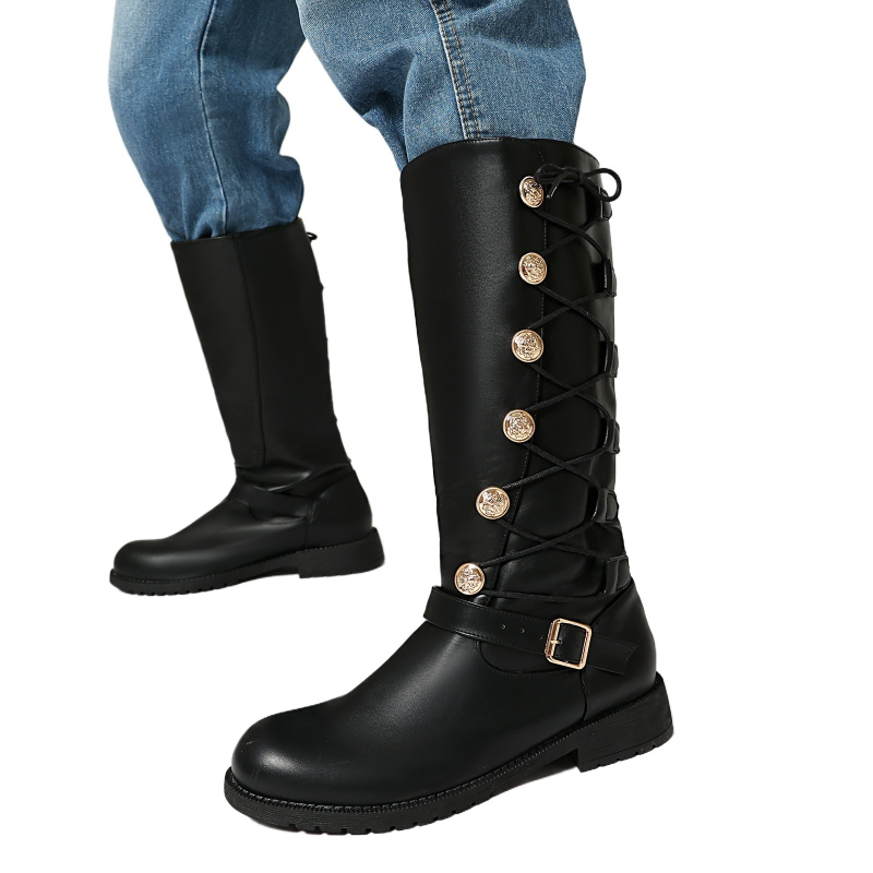 Cizme de cavaler cu gambă înaltă; exterior PU artificial; talpă din cauciuc; fermoar lateral; căptușeală din pluș artificial