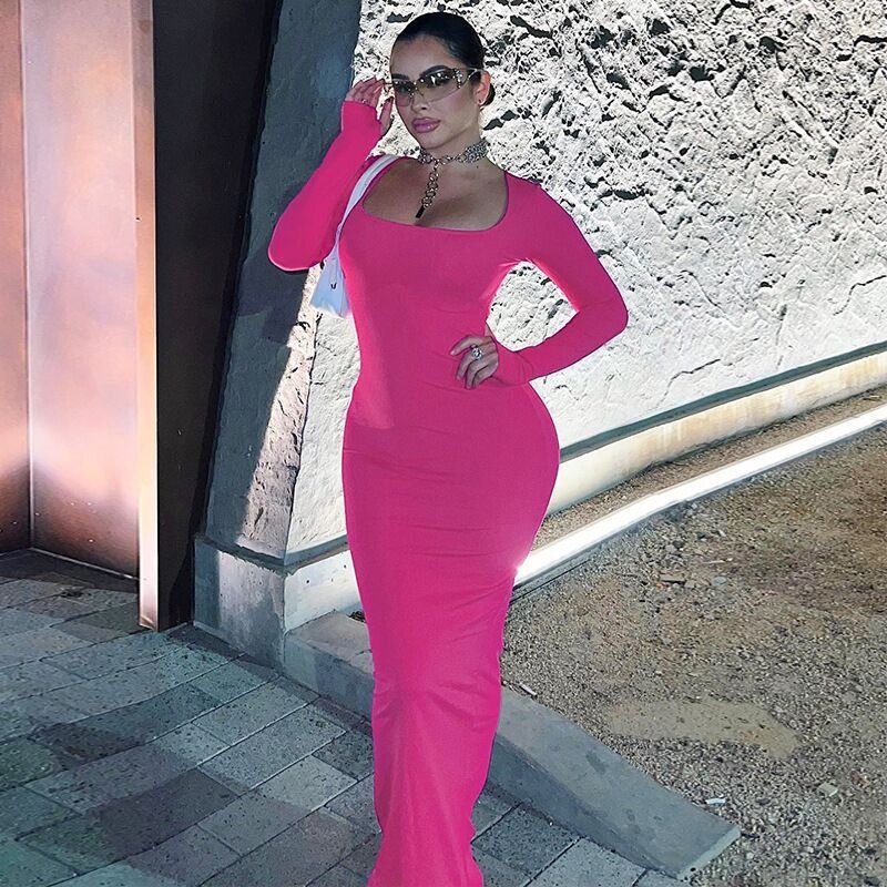 Bodycon haljina s dugim rukavima - uski kroj, U izrez, visok struk - Poliester-Spandeks, tkanina