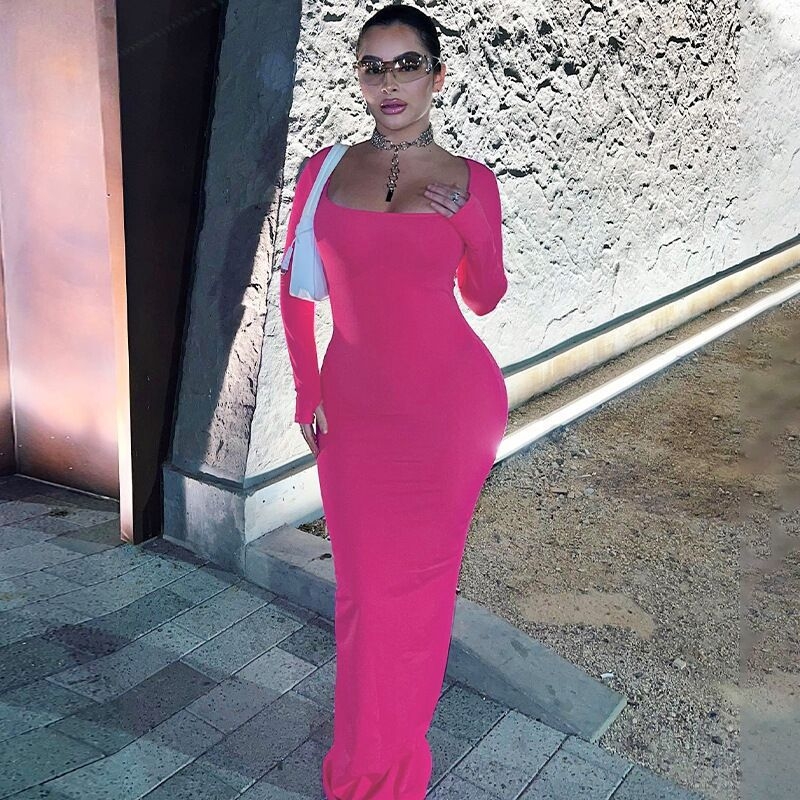Bodycon haljina s dugim rukavima - uski kroj, U izrez, visok struk - Poliester-Spandeks, tkanina