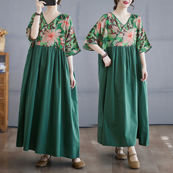 Haljina s V izrezom i patchwork retro stilom, ljeto 2025, pamuk-lin materijal, duga široka haljina, kratke raglan rukave