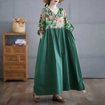 Haljina s V izrezom i patchwork retro stilom, ljeto 2025, pamuk-lin materijal, duga široka haljina, kratke raglan rukave