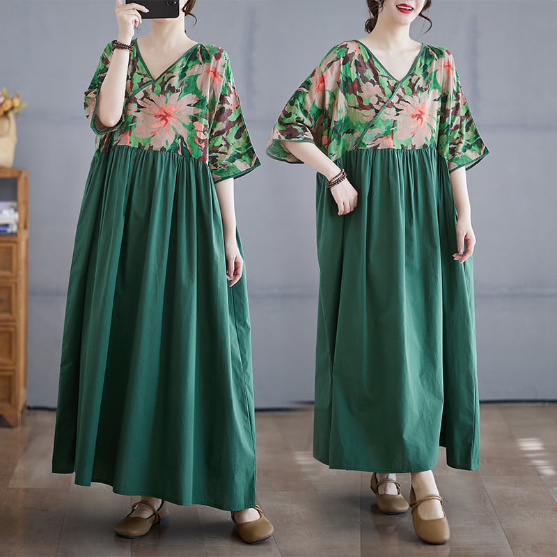 Haljina s V izrezom i patchwork retro stilom, ljeto 2025, pamuk-lin materijal, duga široka haljina, kratke raglan rukave