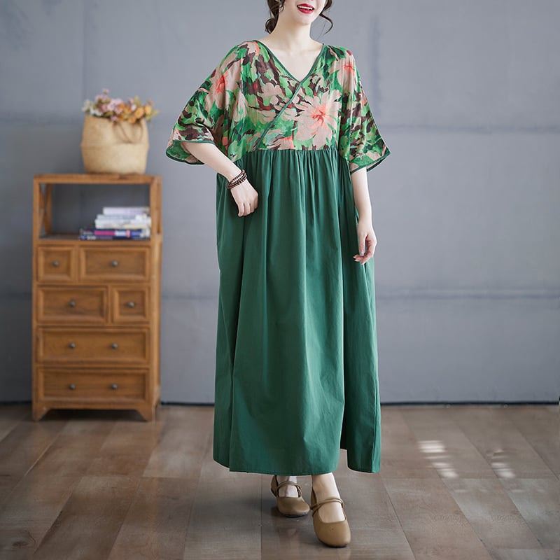 Haljina s V izrezom i patchwork retro stilom, ljeto 2025, pamuk-lin materijal, duga široka haljina, kratke raglan rukave