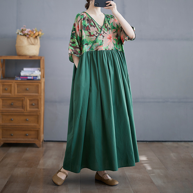 Haljina s V izrezom i patchwork retro stilom, ljeto 2025, pamuk-lin materijal, duga široka haljina, kratke raglan rukave
