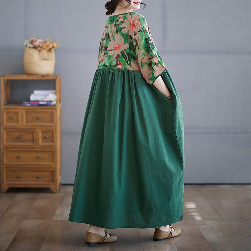 Haljina s V izrezom i patchwork retro stilom, ljeto 2025, pamuk-lin materijal, duga široka haljina, kratke raglan rukave