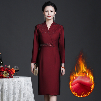Formalna haljina s V izrezom, dugim rukavima, midi duljina, mrežasti kompozitni materijal, poslovni elegantan stil