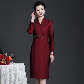 Formalna haljina s V izrezom, dugim rukavima, midi duljina, mrežasti kompozitni materijal, poslovni elegantan stil