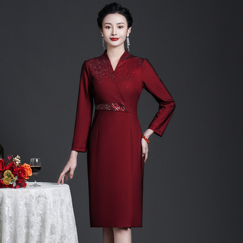 Formalna haljina s V izrezom, dugim rukavima, midi duljina, mrežasti kompozitni materijal, poslovni elegantan stil