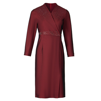 Formalna haljina s V izrezom, dugim rukavima, midi duljina, mrežasti kompozitni materijal, poslovni elegantan stil