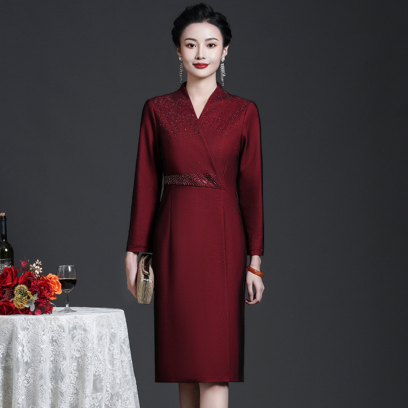 Formalna haljina s V izrezom, dugim rukavima, midi duljina, mrežasti kompozitni materijal, poslovni elegantan stil