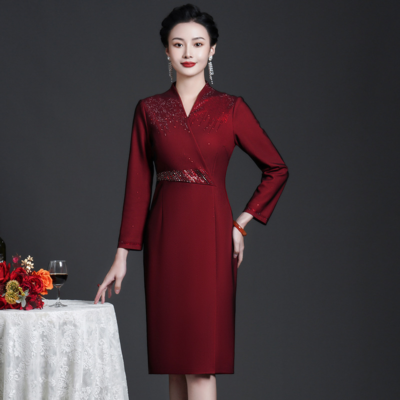 Formalna haljina s V izrezom, dugim rukavima, midi duljina, mrežasti kompozitni materijal, poslovni elegantan stil