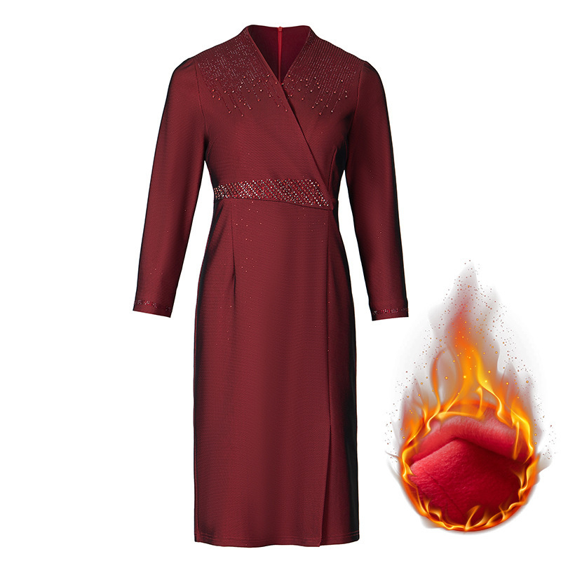 Formalna haljina s V izrezom, dugim rukavima, midi duljina, mrežasti kompozitni materijal, poslovni elegantan stil