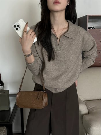 Пуловер от трикотаж с поло яка - плътна плетка, дълги ръкави, свободен силует, есен 2024