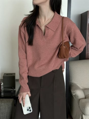 Пуловер от трикотаж с поло яка - плътна плетка, дълги ръкави, свободен силует, есен 2024