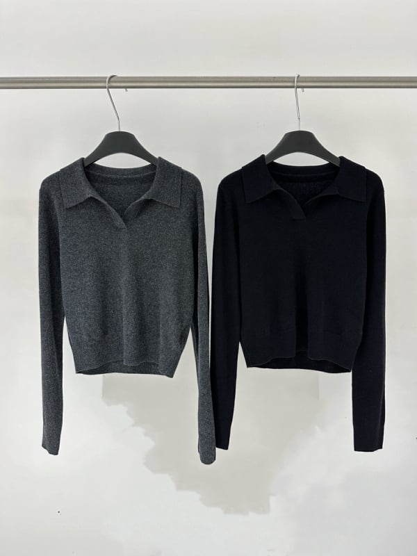 Пуловер от трикотаж с поло яка - плътна плетка, дълги ръкави, свободен силует, есен 2024