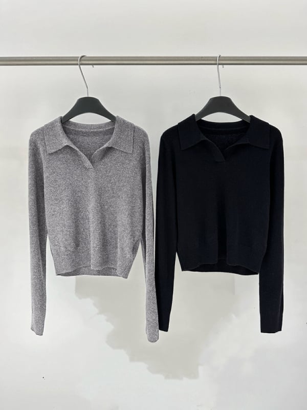 Пуловер от трикотаж с поло яка - плътна плетка, дълги ръкави, свободен силует, есен 2024