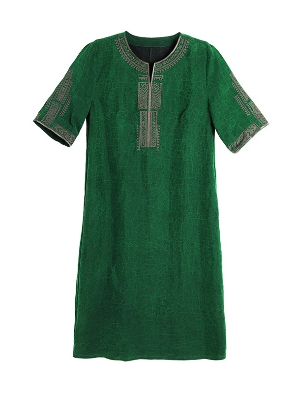 Svila haljina s uzorkom napuklog uzorka, okrugli ovratnik, opušten pojas, midi duljina