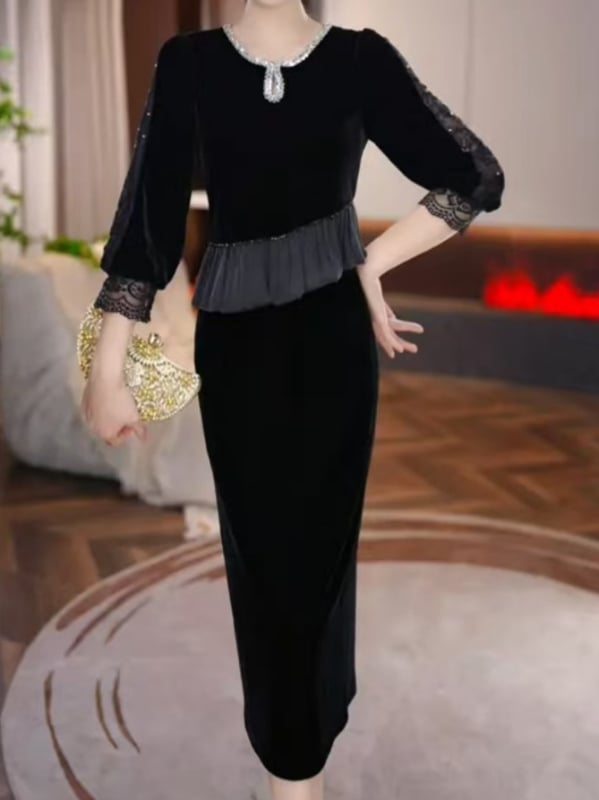 Rochie Cardan Velvet pentru femei, amestec poliester-spandex, lungime midi, stil urban, paiete și volane, toamna 2025
