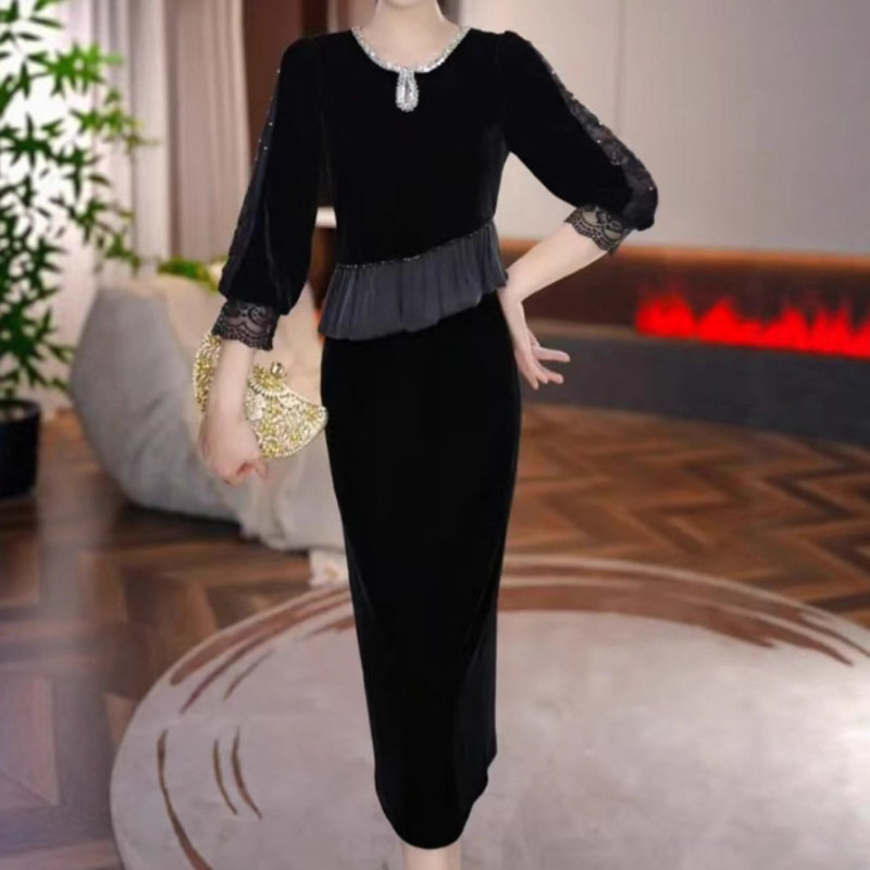 Rochie Cardan Velvet pentru femei, amestec poliester-spandex, lungime midi, stil urban, paiete și volane, toamna 2025